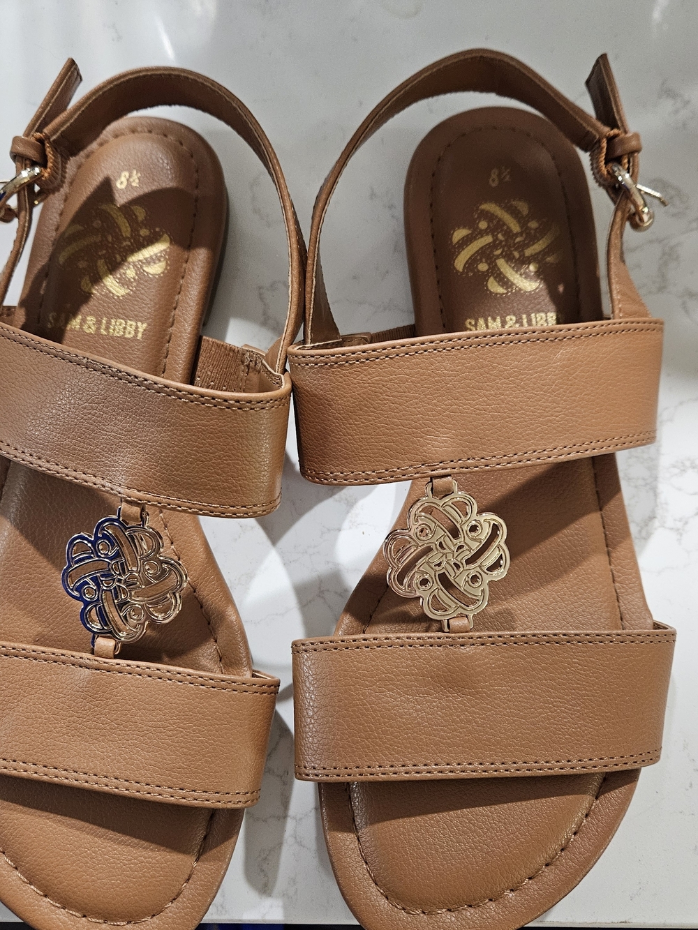Sam & Libby Cognac Tan Strap Sandals with Gold Emblem